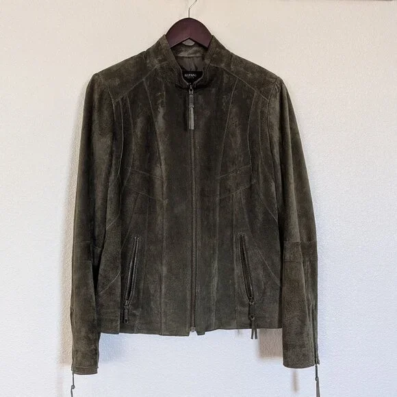 Alfani Leather Suede Short Boho Biker Standup Neck Jacket Dark Olive Green - Picture 3 of 14